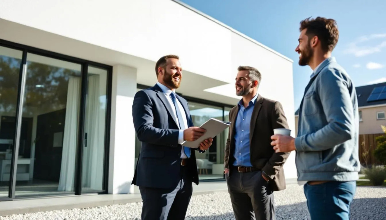 Ein-Energieberater-in-Bad-Vilbel Ein-Energieberater-fuehrt-eine-Vor-Ort-Beratung-mit-Kunden-vor-einem-modernen-Wohnhaus-in-Bad-Vilbel-durch-Die-beiden-Personen-diskutieren-ueber-Energieeffizienz-Foerderprogramme-und-moegliche-Sanierungsmassnahmen-zur-Reduktion-der-Energiekosten
