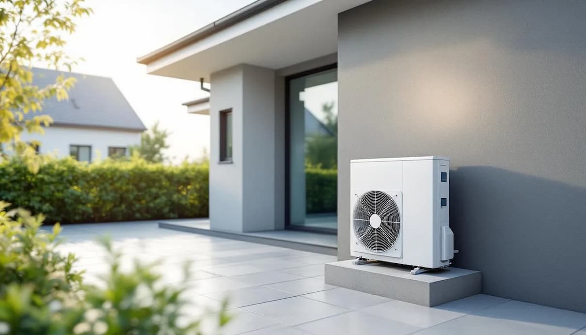 Eine-moderne-Waermepumpe Eine-moderne-Waermepumpe-steht-vor-einem-sanierte-Einfamilienhaus-das-energieeffizient-gestaltet-ist-Diese-Installation-symbolisiert-die-Chance-zur-Reduktion-der-Energiekosten-und-zeigt-die-Unterstuetzung-durch-einen-Energieberater-in-Bad-Vilbel-fuer-nachhaltige-Loesungen-im-Bereich-der-Energieberatung.