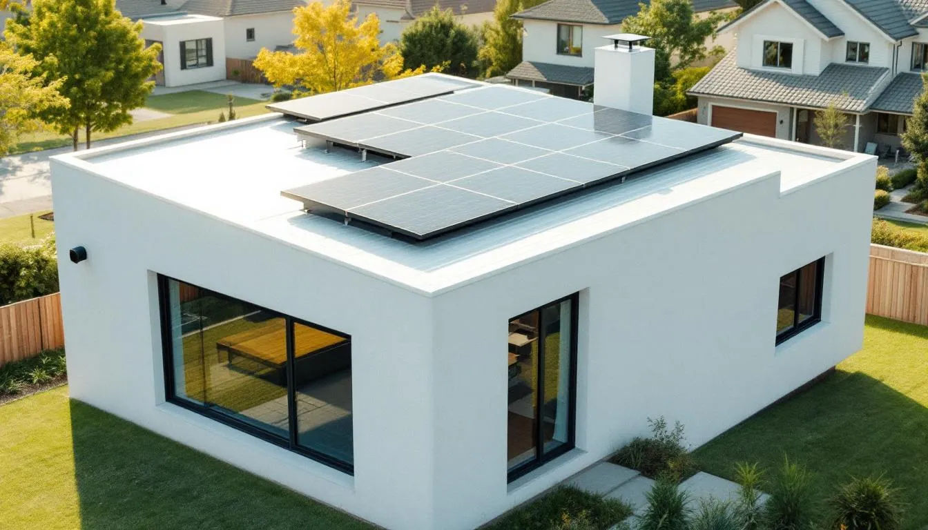 Das Bild zeigt ein modernes Einfamilienhaus in Bad Homburg, das mit Solarpaneelen auf dem Dach ausgestattet ist. Die sichtbare Dämmung des Hauses hebt das Thema Energieeffizienz hervor, was für die Energieberatung in Bad Homburg von Bedeutung ist.