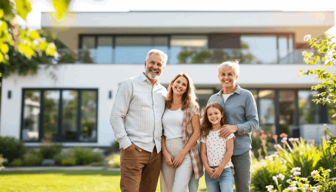 Eine glückliche Familie steht lächelnd vor ihrem energetisch sanierten Haus in Bad Homburg. Das renovierte Gebäude strahlt Energieeffizienz aus und symbolisiert die erfolgreiche Umsetzung der Wärmewende