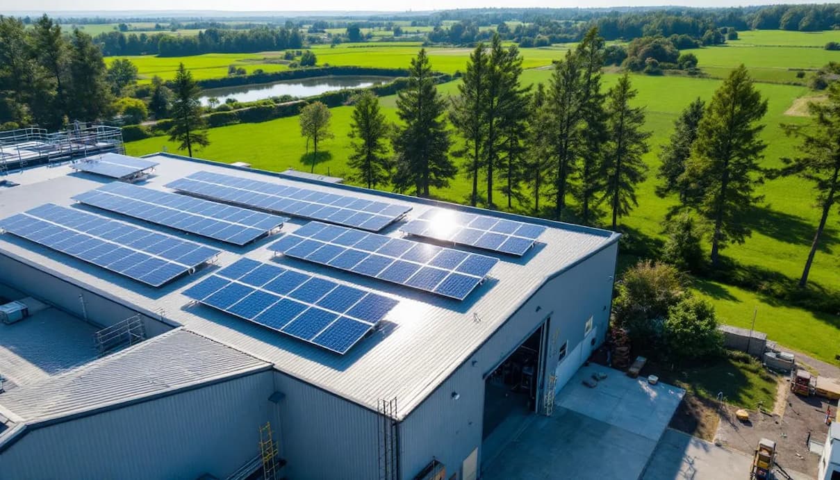 Solarpaneele In-der-Abbildung-sind-Solarpaneele-auf-dem-Dach-einer-Fabrik-zu-sehen-umgeben-von-einer-gruenen-Landschaft