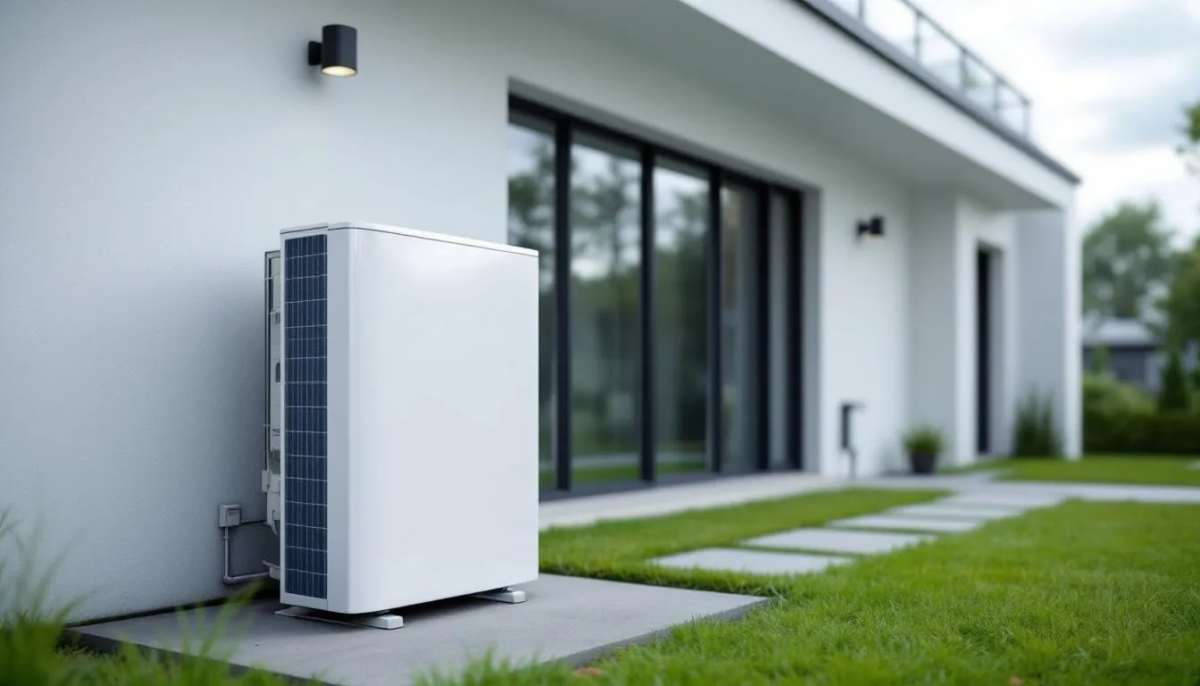 Eine Wärmepumpe steht vor einem modernen Einfamilienhaus, das mit klaren Linien und großen Fenstern gestaltet ist. Diese umweltfreundliche Heizlösung symbolisiert das Thema Energieeffizienz und könnte Teil einer Energieberatung in Bad Homburg sein, um die Energiekosten zu senken und Fördermöglichkeiten zu nutzen.